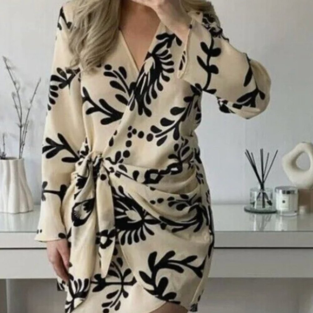 Zara Satin Black + White Floral Short Wrap Dress, Size S